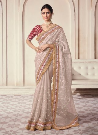 Spectacular Pink Organza Trendy Saree with Sequins, Thread and Zari Work
