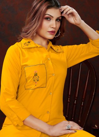 Spectacular Yellow Cotton Party Wear Kurti with Embroidered Work