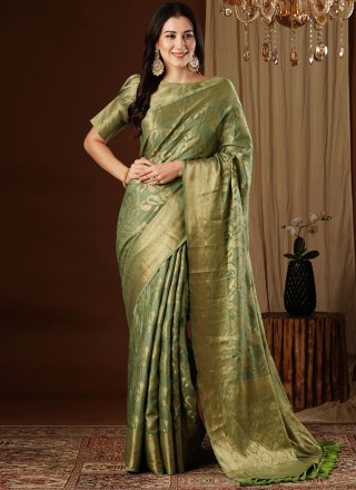Splendid Green Viscose Trendy Saree with Weaving Work