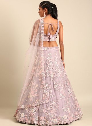 Staggering Mauve Net A - Line Lehenga Choli with Cord, Embroidered, Sequins and Thread Work