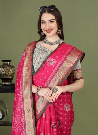 Staggering Pink Patola Silk Contemporary Sari with Meenakari and Weaving Work