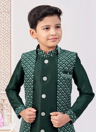 Sterling Green Banarasi Silk Indo Western Sherwani with Machine Embroidery, Stone and Thread Work