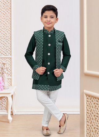 Sterling Green Banarasi Silk Indo Western Sherwani with Machine Embroidery, Stone and Thread Work