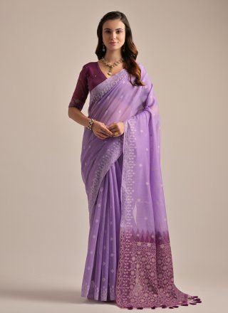 Sterling Lavender Cotton Traditional Saree with Weaving Work