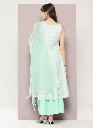 Strips Print Work Cotton Readymade Salwar Suit In Sea Green