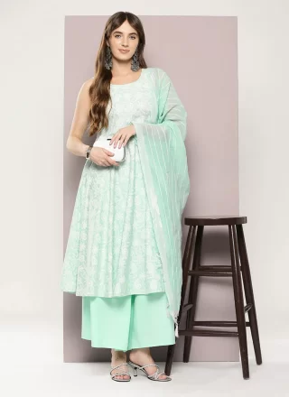 Strips Print Work Cotton Readymade Salwar Suit In Sea Green