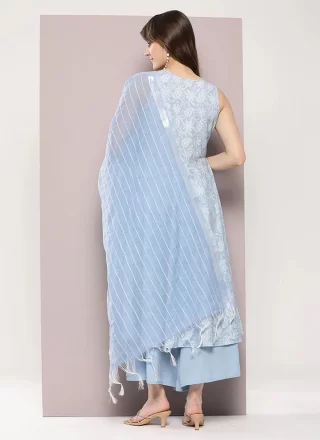 Strips Print Work Cotton Salwar Suit In Aqua Blue
