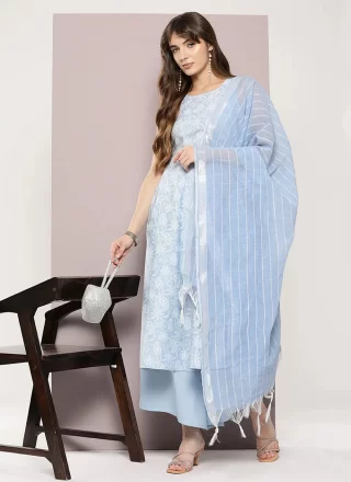 Strips Print Work Cotton Salwar Suit In Aqua Blue