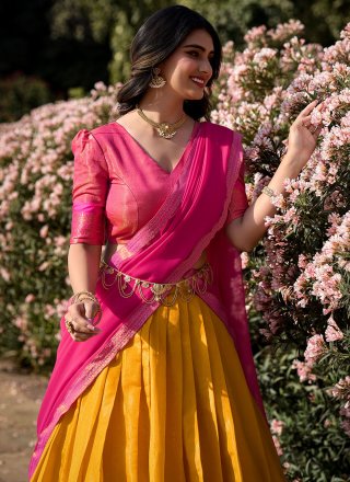 Stunning Mustard and Pink Kanchipuram Silk Lehenga Choli with Weaving and Zari Work