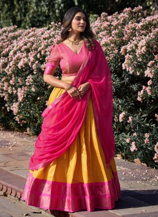 Stunning Mustard and Pink Kanchipuram Silk Lehenga Choli with Weaving and Zari Work