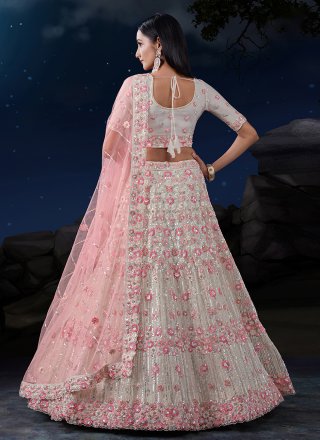 Stunning Off White Net Lehenga Choli with Sequins and Thread Work