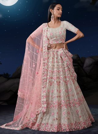 Stunning Off White Net Lehenga Choli with Sequins and Thread Work