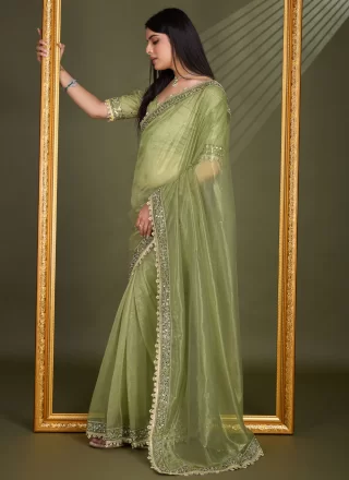 Stylish Green Silk Contemporary Saree with Patch Border, Embroidered, Lace, Mirror and Moti Work