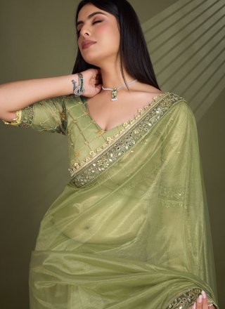 Stylish Green Silk Contemporary Saree with Patch Border, Embroidered, Lace, Mirror and Moti Work