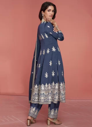 Suave Blue Silk Salwar Suit with Embroidered Work