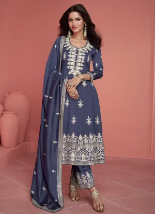 Suave Blue Silk Salwar Suit with Embroidered Work