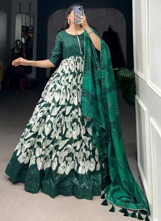 Suave Green Tussar Silk  Designer Gown with Floral Patch and Foil Print Work