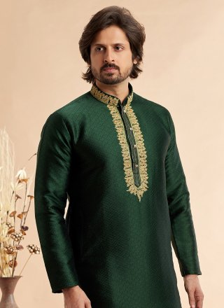 Subtle Green Jacquard Silk Kurta Pyjama with Machine Embroidery Work