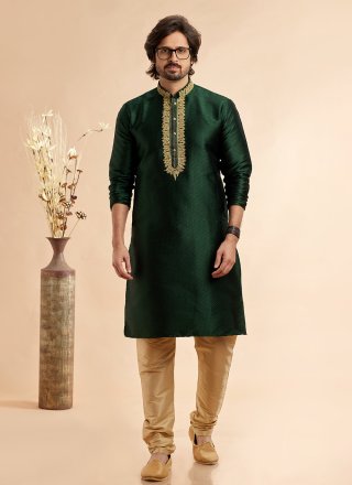 Subtle Green Jacquard Silk Kurta Pyjama with Machine Embroidery Work
