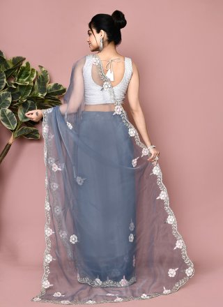 Subtle Grey Tissue Contemporary Sari with Hand Work