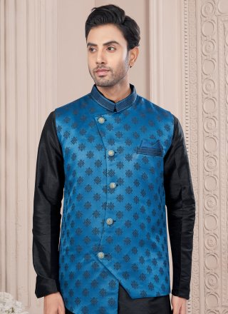 Sumptuous Black and Blue Banarasi Jacquard Kurta Payjama with Jacket