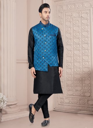 Black kurta pajama with blue jacket hotsell