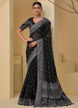 Sumptuous Black Banarasi Silk Classic Sari with Embroidered and Mirror Work