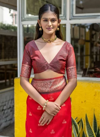 Sumptuous Red Banarasi Silk Trendy Saree with Woven Work