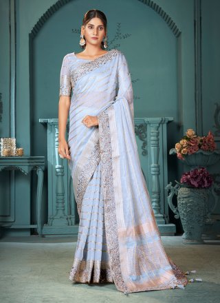 Sunshine Aqua Blue Cotton Contemporary Saree