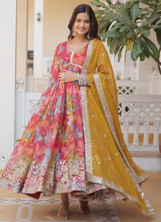 Sunshine Multi Colour Silk Indian Gown with Digital Print, Embroidered and Sequins Work