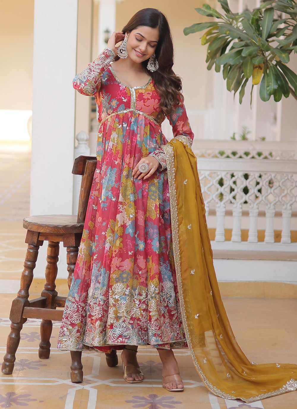 Buy Online Sunshine Multi Colour Silk Indian Gown with Digital