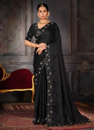 Superb Black Georgette Classic Saree with Embroidered and Sequins Work
