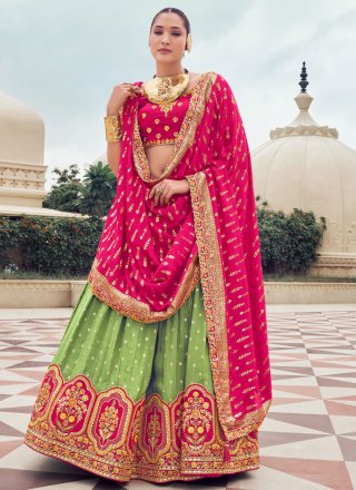 Superb Green Tissue Lehenga Choli with Embroidered and Print Work