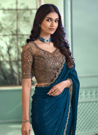 Superb Rama Georgette Contemporary Saree with Patch Border Work