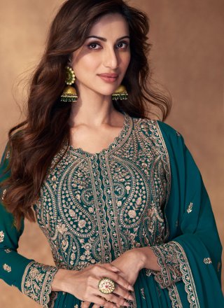 Superlative Teal Georgette Readymade Lehenga Choli