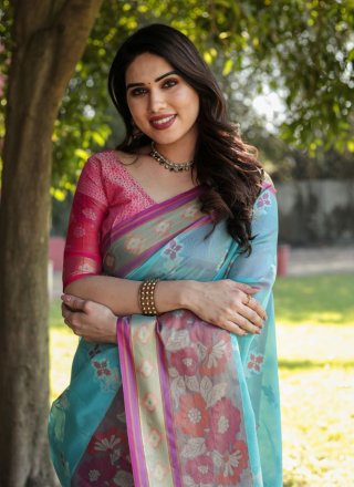 Surpassing Hot Pink and Turquoise Organza Designer Sari with Weaving Work