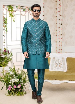 Swanky Green Art Banarasi Silk Kurta Payjama with Jacket