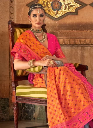 Swanky Orange Banarasi Silk Classic Sari with Weaving Work