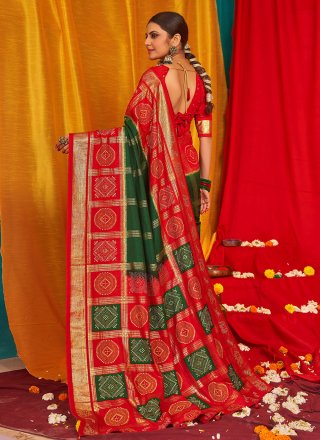 Swarovski and Woven Work Tussar Silk Contemporary Sari In Green