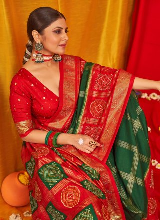 Swarovski and Woven Work Tussar Silk Contemporary Sari In Green