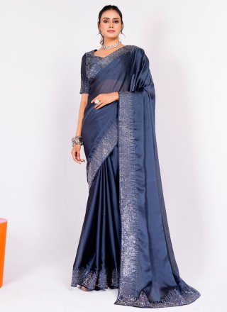 Swarovski Work Rangoli Contemporary Sari In Blue for Casual