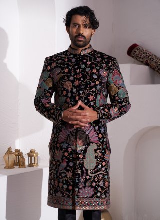 Tantalizing Black and Multi Colour Velvet Sherwani Mens Wear with Embroidered Work
