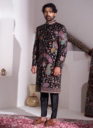 Tantalizing Black and Multi Colour Velvet Sherwani Mens Wear with Embroidered Work
