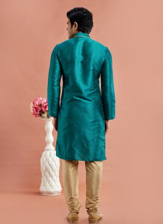 Teal Art Banarasi Silk Machine Embroidery Work Kurta Pyjama for Casual