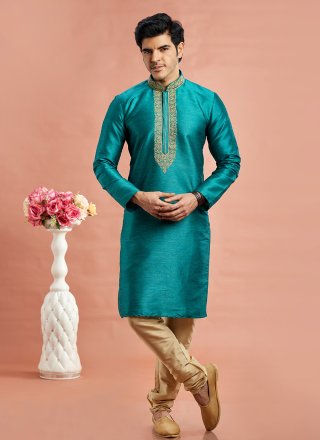 Teal Art Banarasi Silk Machine Embroidery Work Kurta Pyjama for Casual