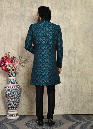 Teal Art Silk Buttons, Fancy and Woven Work Indo Western for Ceremonial