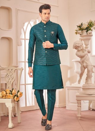 Teal Art Silk Embroidered Work Kurta Payjama with Jacket for Ceremonial
