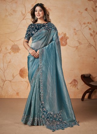 Teal Banarasi Silk Cord, Embroidered, Sequins, Stone and Thread Work Contemporary Saree for Women