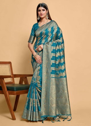 Teal Banarasi Silk Weaving Work Classic Sari for Party