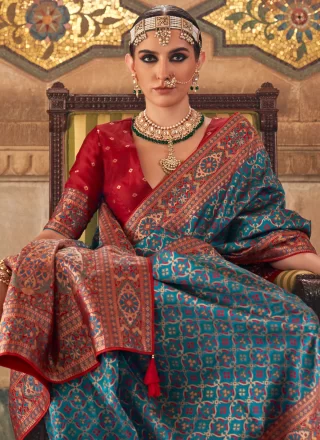 Teal Banarasi Silk Weaving Work Trendy Saree for Ceremonial
